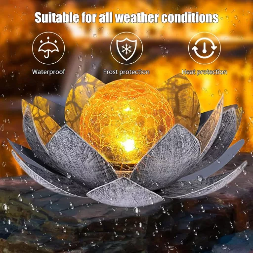 Lampă solară de grădină Lotus LED - Floare decorativă de lotus metalică cu glob de sticlă crăpată