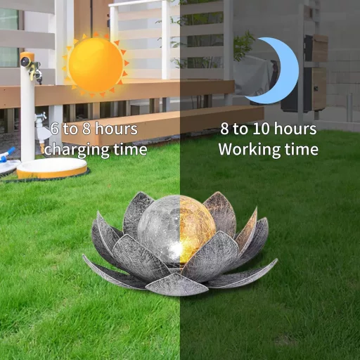 Lampă solară de grădină Lotus LED - Floare decorativă de lotus metalică cu glob de sticlă crăpată