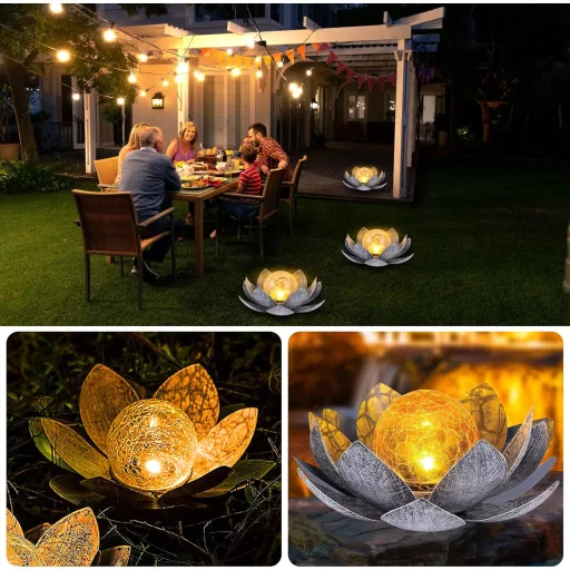 Lampă solară de grădină Lotus LED - Floare decorativă de lotus metalică cu glob de sticlă crăpată