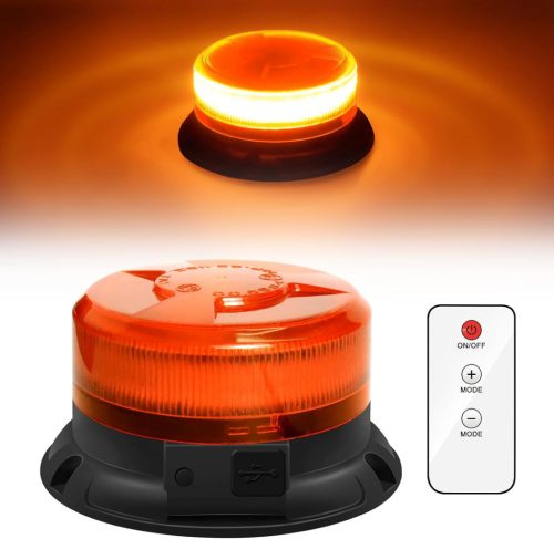 Dinfu Lampă de avertizare magnetică rotativă 12V - Stroboscop LED galben cu telecomandă, 9 moduri, compatibilă Auto/Camion/Tractor, Încărcare USB