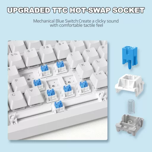Tastatură Mecanică A.JAZZ AK820 75% TKL, Hot-Swap, Switch-uri Albastre, Gasket Mount, Albă