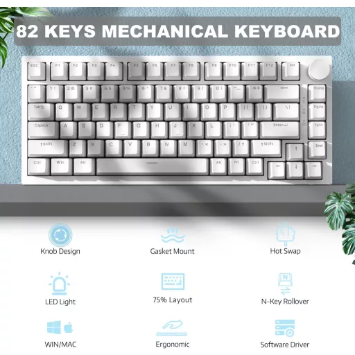 A.JAZZ AK820 75% TKL Mechanikus Billentyűzet, Hot-Swap Kék Switch, Gasket Mount, Fehér