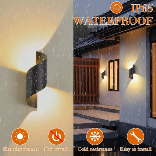 Lampă de perete LED SANSHI 10W IP65 Impermeabilă pentru exterior și interior, iluminat 3000K Alb Cald Modernă cu direcție Sus-Jos pentru Grădină, Balcon, Terasă