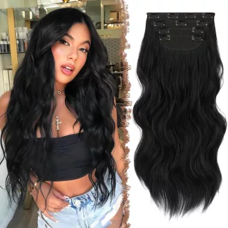   FESHFEN Hullám Hajhosszabbítás Csatokkal 4 Darab 50cm Fekete Szintetikus