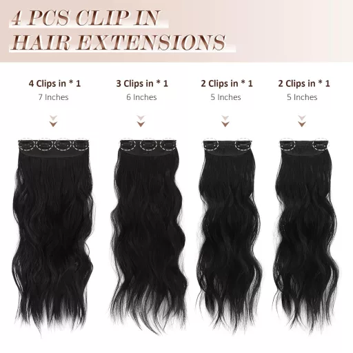 Extensii de păr FESHFEN, ondulate, cu clipsuri, 4 bucăți, 50cm, negre, sintetice.