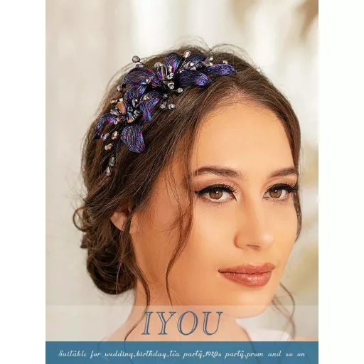 IYOU Bendă de păr cu flori din sârmă de cupru, albastru închis, cu cristale - Accesoriu de păr vintage, lucrat manual, pentru femei, nuntă, petreceri