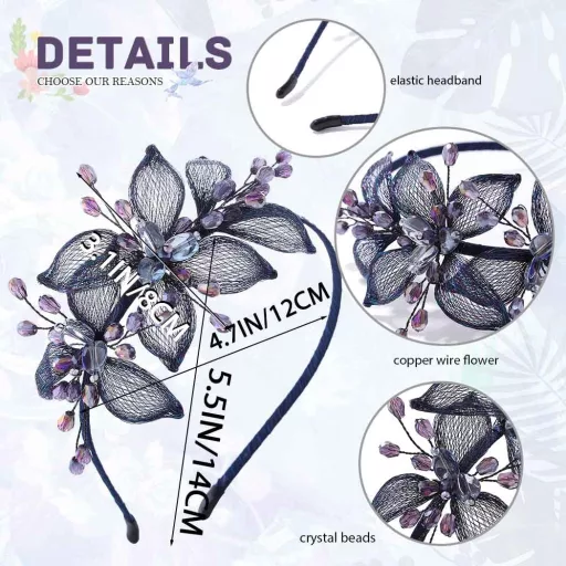 IYOU Bendă de păr cu flori din sârmă de cupru, albastru închis, cu cristale - Accesoriu de păr vintage, lucrat manual, pentru femei, nuntă, petreceri