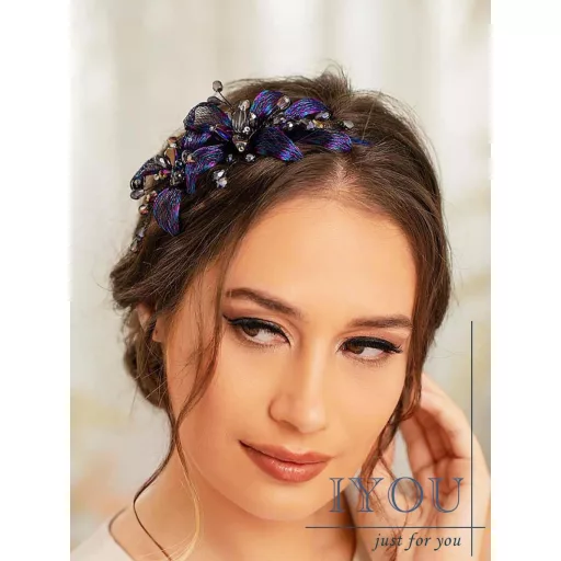 IYOU Bendă de păr cu flori din sârmă de cupru, albastru închis, cu cristale - Accesoriu de păr vintage, lucrat manual, pentru femei, nuntă, petreceri