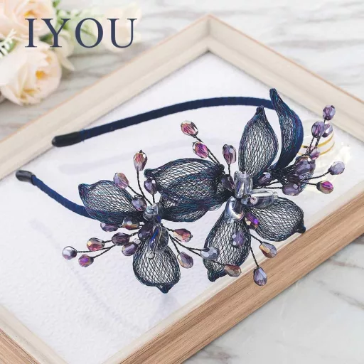 IYOU Bendă de păr cu flori din sârmă de cupru, albastru închis, cu cristale - Accesoriu de păr vintage, lucrat manual, pentru femei, nuntă, petreceri