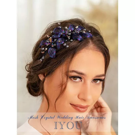 IYOU Bendă de păr cu flori din sârmă de cupru, albastru închis, cu cristale - Accesoriu de păr vintage, lucrat manual, pentru femei, nuntă, petreceri