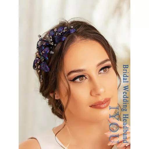 IYOU Bendă de păr cu flori din sârmă de cupru, albastru închis, cu cristale - Accesoriu de păr vintage, lucrat manual, pentru femei, nuntă, petreceri