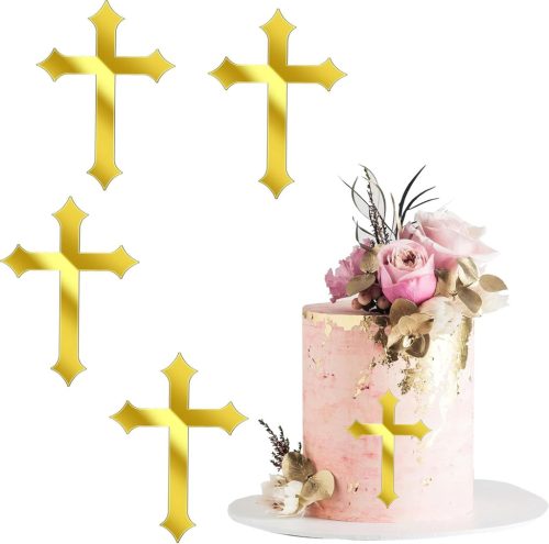 Set decorativ tort ALEGRE, cruce aurie - 8x11 cm, 4 bucăți decorațiuni acrilice pentru botez, prima împărtășanie, nuntă, baby shower, pentru băieți și fete