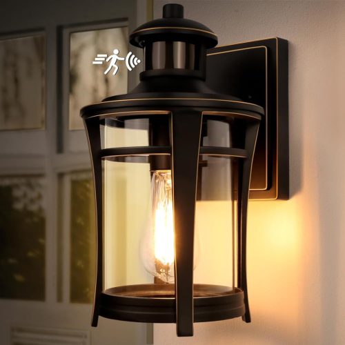 Lampă de exterior Lamomo cu senzor de mișcare - 3 moduri de iluminare, decor negru-auriu, lampă de perete LED din aluminiu impermeabilă IP65 pentru intrare, garaj