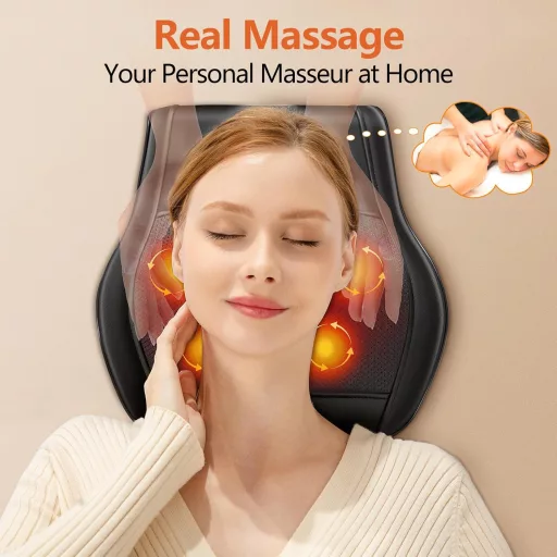 Brelley Nyak- és Hátmasszírozó Párna Melegítő Funkcióval - 3D Shiatsu Masszázs, 3 Intenzitás, Távirányító, Izomfájdalom Enyhítésre