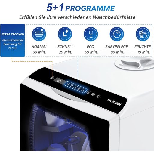 AIRMSEN Asztali Mosogatógép 5+1 Program LED Kijelző Fehér-Fekete