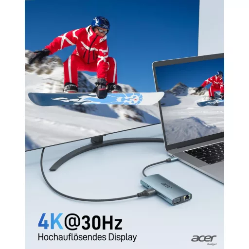 Acer 9-in-1 USB-C Hub Dokkoló, 4K HDMI, VGA, 3xUSB 3.0, Gigabit Ethernet, 100W PD, SD/TF Kártyaolvasó, Alumínium Adapter iPhone/MacBook/iPad