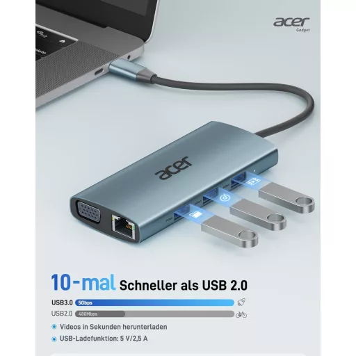 Acer 9-in-1 USB-C Hub Dokkoló, 4K HDMI, VGA, 3xUSB 3.0, Gigabit Ethernet, 100W PD, SD/TF Kártyaolvasó, Alumínium Adapter iPhone/MacBook/iPad