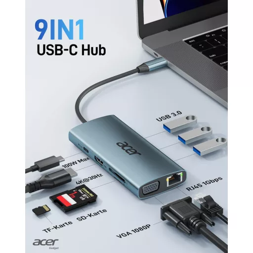 Acer 9-in-1 USB-C Hub dokovacia stanica, 4K HDMI, VGA, 3x USB 3.0, Gigabit Ethernet, 100W PD, čítačka SD/TF kariet, hliníkový adaptér pre iPhone/MacBook/iPad