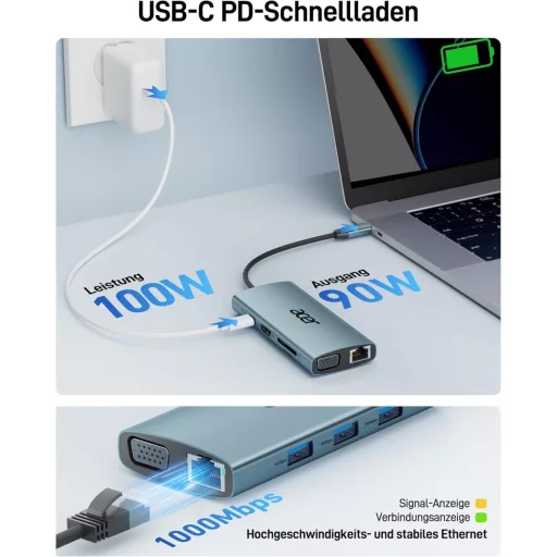 Acer 9-in-1 USB-C Hub dokovacia stanica, 4K HDMI, VGA, 3x USB 3.0, Gigabit Ethernet, 100W PD, čítačka SD/TF kariet, hliníkový adaptér pre iPhone/MacBook/iPad