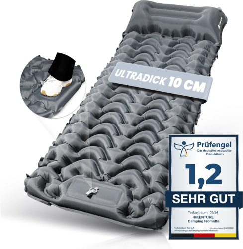 HIKENTURE Önfelfújó Kempingmatrac 10 cm Vastag, Beépített Lábpumpával, Csúszásgátló Felülettel, Kompakt Méretű Túramatrac Kültéri Alváshoz, 