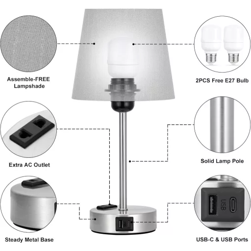 Set de 2 lămpi de masă cu control tactil Kakanuo cu încărcare USB și abajur gri