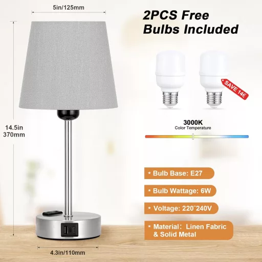 Set de 2 lămpi de masă cu control tactil Kakanuo cu încărcare USB și abajur gri