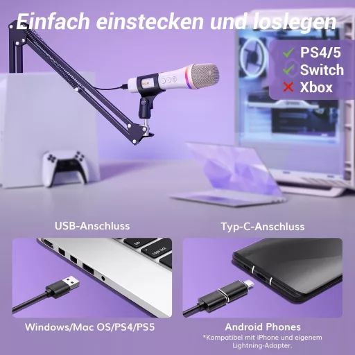 TONOR TD310+ Dinamikus USB/Type-C Mikrofon RGB Világítással - PC, PS4, PS5 Kompatibilis Gamer Mikrofon Karral Podcasthoz, Streameléshez, Fel