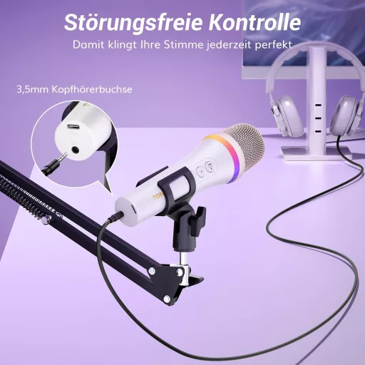 TONOR TD310+ Dynamický USB/Type-C Mikrofón s RGB Podsvietením - Kompatibilný s PC, PS4, PS5, Herný Mikrofón s Ramenom pre Podcasty, Streamovanie, Nahrávanie