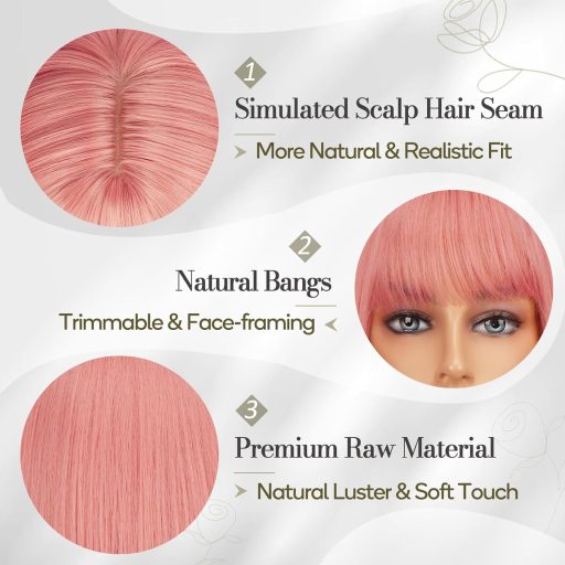 BARSDAR Krátky Ružový Bob Parochňa s Ofinou, 30 cm, Žiaruvzdorná Syntetická