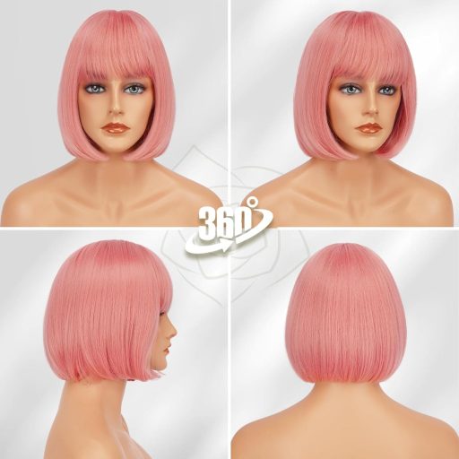 BARSDAR Krátky Ružový Bob Parochňa s Ofinou, 30 cm, Žiaruvzdorná Syntetická