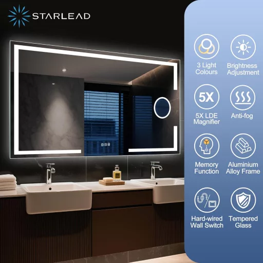 STARLEAD LED fürdőszobai tükör 100x70cm, 3 szín, páramentesítés, 5x nagyítás