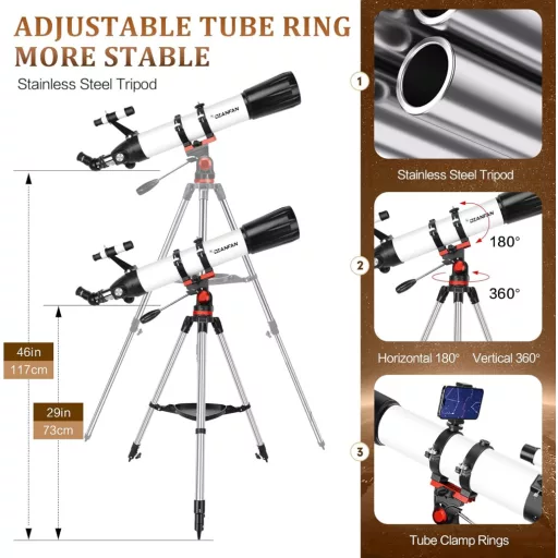 Dianfan 90mm Refraktor Teleszkóp 800mm Fókusztávolsággal, 32x-240x Nagyítás, Telefon Adapter és Állvánnyal