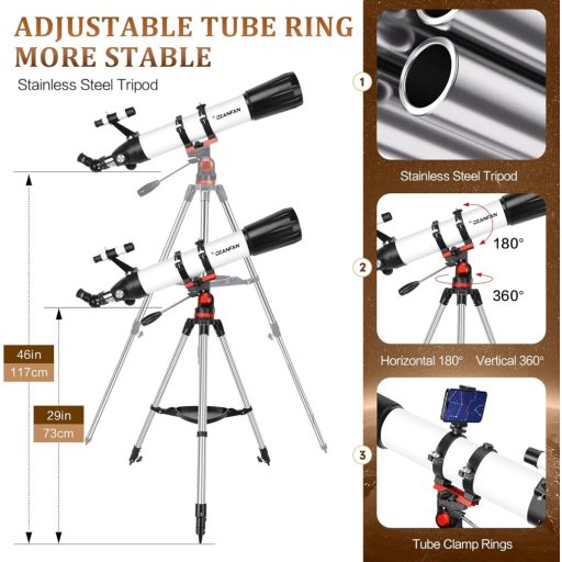 Dianfan 90mm Refraktor Teleszkóp 800mm Fókusztávolsággal, 32x-240x Nagyítás, Telefon Adapter és Állvánnyal
