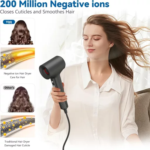 Uscător de păr TQQ cu 200 de milioane de ioni negativi - Motor silențios fără perii, uscare rapidă, 110.000 RPM, 57dB - Uscător de păr pentru acasă și călătorii