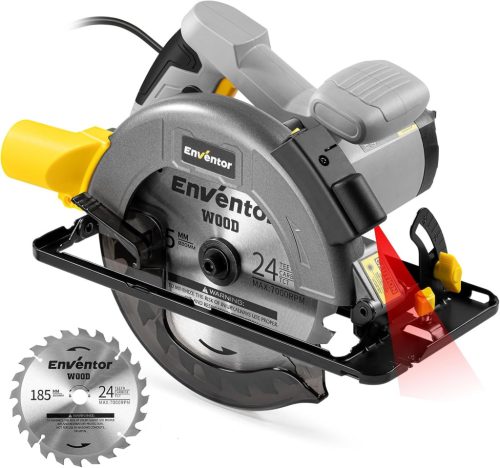 ENVENTOR 1400W Körfűrész Lézervezetővel, 6000 RPM, 62mm Vágásmélység, 185mm Fűrészlap, Rézmotoros Kézi Körfűrész Fa, PVC, Műanyag Vágásához