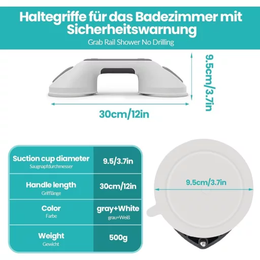 LORESJOY Zuhanyrúd 30cm Szívókorongos Fürdőkézifogó 120kg 2db