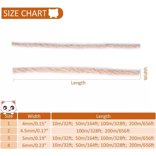 AYLIORUY 4mm Prírodné Sisalové Lano Mačací Strom Škrabadlo Náhradné Lano 50m Mačacia Veža Škrabací Stĺpik Náhrada pre Mačky