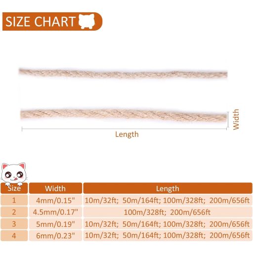 AYLIORUY 4mm Természetes Szizál Kötél Macska Kaparófa Pótkötél 50m Macskatorony Kaparóoszlop Pótlás Cicafához