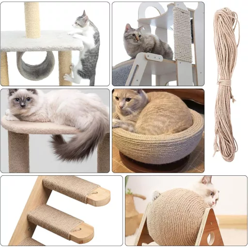 AYLIORUY 4mm Prírodné Sisalové Lano Mačací Strom Škrabadlo Náhradné Lano 50m Mačacia Veža Škrabací Stĺpik Náhrada pre Mačky