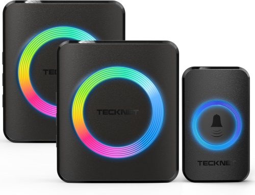 TECKNET Vízálló Vezeték Nélküli Csengő - 400m Hatótáv, IP65 Védelem, 60 Dallam, 5 Fokozatú RGB Világítás, 2 Vevőegység