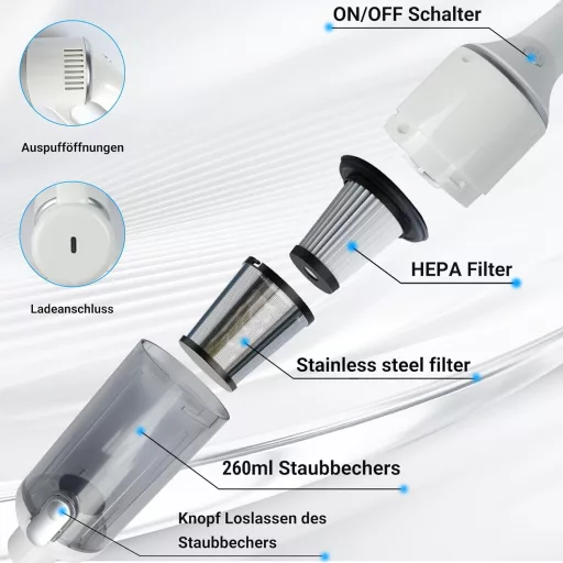 KeautFair Vezeték Nélküli Kézi Porszívó 120W/15000Pa - Kompakt Újratölthető Mini Porszívó Mosható HEPA Szűrőkkel Nedves-Száraz Használatra,
