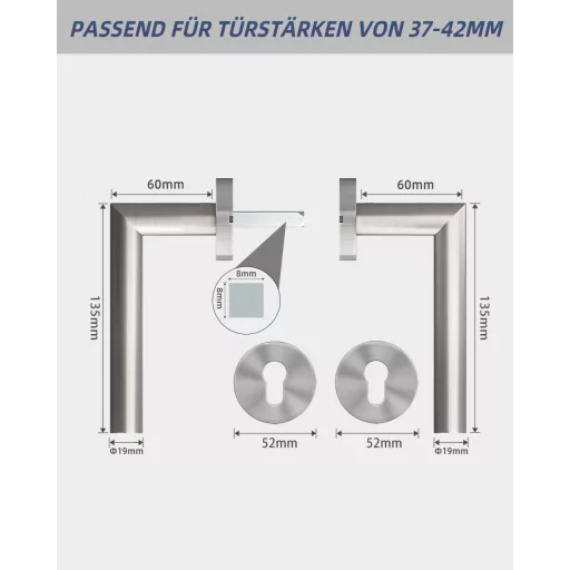 AwmnSrman L-ková súprava kľučiek na dvere z nehrdzavejúcej ocele - pre profilovú cylindrickú vložku PZ, strieborná, pre interiérové dvere, testované na 50 000 otvorení