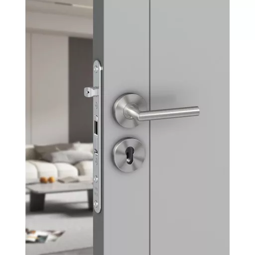 AwmnSrman L-alakú rozsdamentes acél ajtókilincs szett - PZ profilcilinderhez, ezüst, beltéri ajtókhoz, 50.000 nyitásra tesztelve