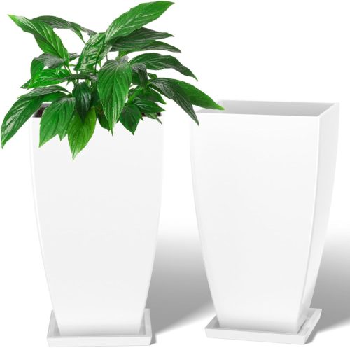 Set Ghivece de Flori FIASON - 53 cm Înălțime, 30 cm Diametru, Suport de Plante Exterior-Interior, cu Tăviță și Orificii de Drenaj, 2 buc. Plastic Alb K