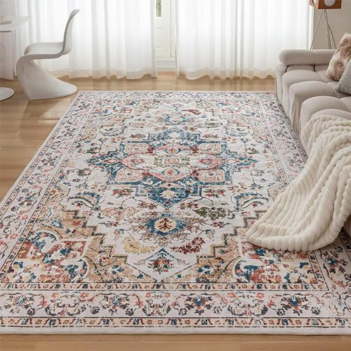 CHOSHOME Covor Lavabil 120x170 cm - Vintage Bej, Fir Scurt, Covor Moale pentru Dormitor și Living, Covor Antiderapant din Microfibră