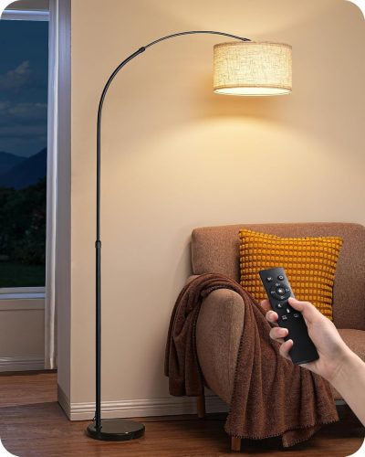 EDISHINE Oblúková stojaca lampa do obývačky - s E27 LED žiarovkou, diaľkovým ovládaním, plynulou reguláciou jasu a teploty farby, 143-176 cm nastaviteľná
