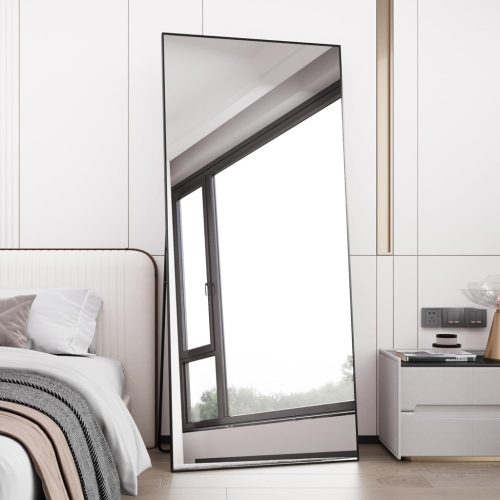 AUFHELLEN Álló Tükör 180x80 cm - Teljes Alakos Fali Tükör Fekete Fém Kerettel, HD Minőségű Üveg, Akasztókkal - Nappali, Hálószoba, Öltöző
