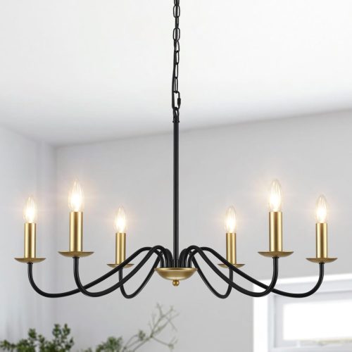 MRHYSWD Candelabru Auriu-Negru cu 6 Becuri - Lampă Suspendată Modern Vintage cu Înălțime Reglabilă pentru Living, Bucătărie, Sufragerie, Dormitor