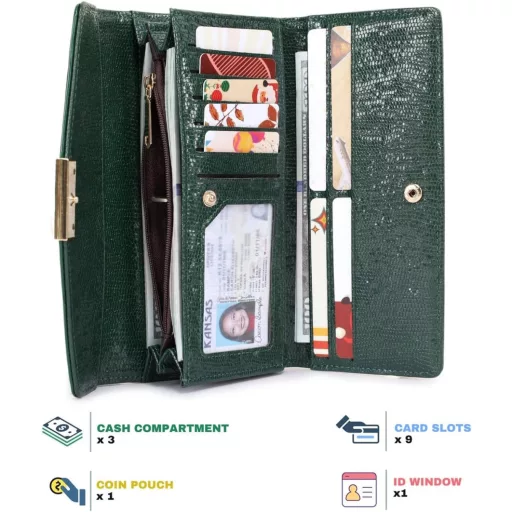 Sunkky Női Pénztárca Krokodilbőr Mintával - Nagy Méretű Cipzáras Pénztárca Több Rekesszel, Zöld Műbőr, Modern Stílusú Hosszú Női Tárca