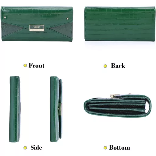 Portofel de damă Sunkky cu model de piele de crocodil - Portofel mare cu fermoar și compartimente multiple, piele ecologică verde, portofel lung modern pentru femei